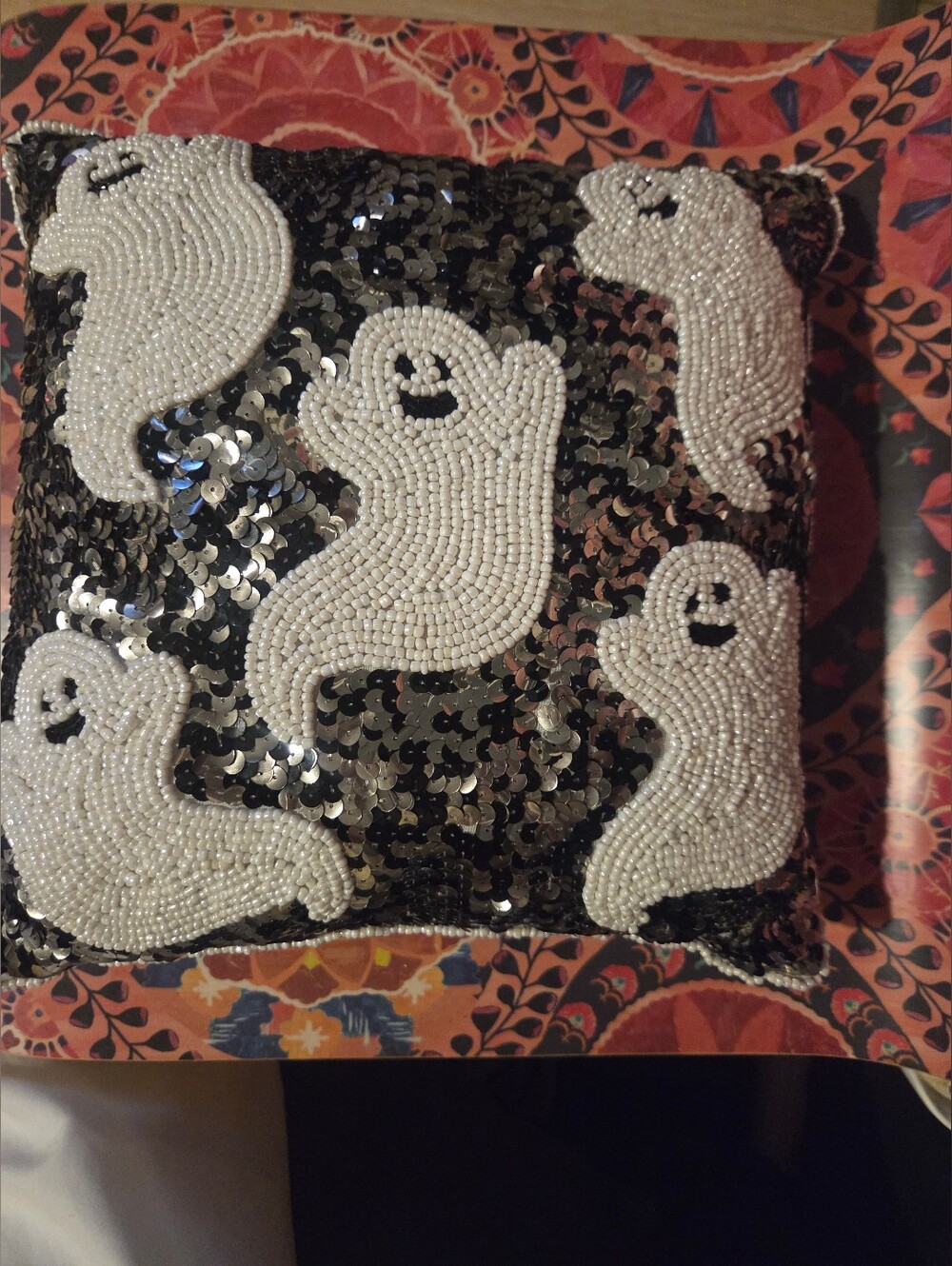 Sequin Ghost Decorative Pillow - Black & White
